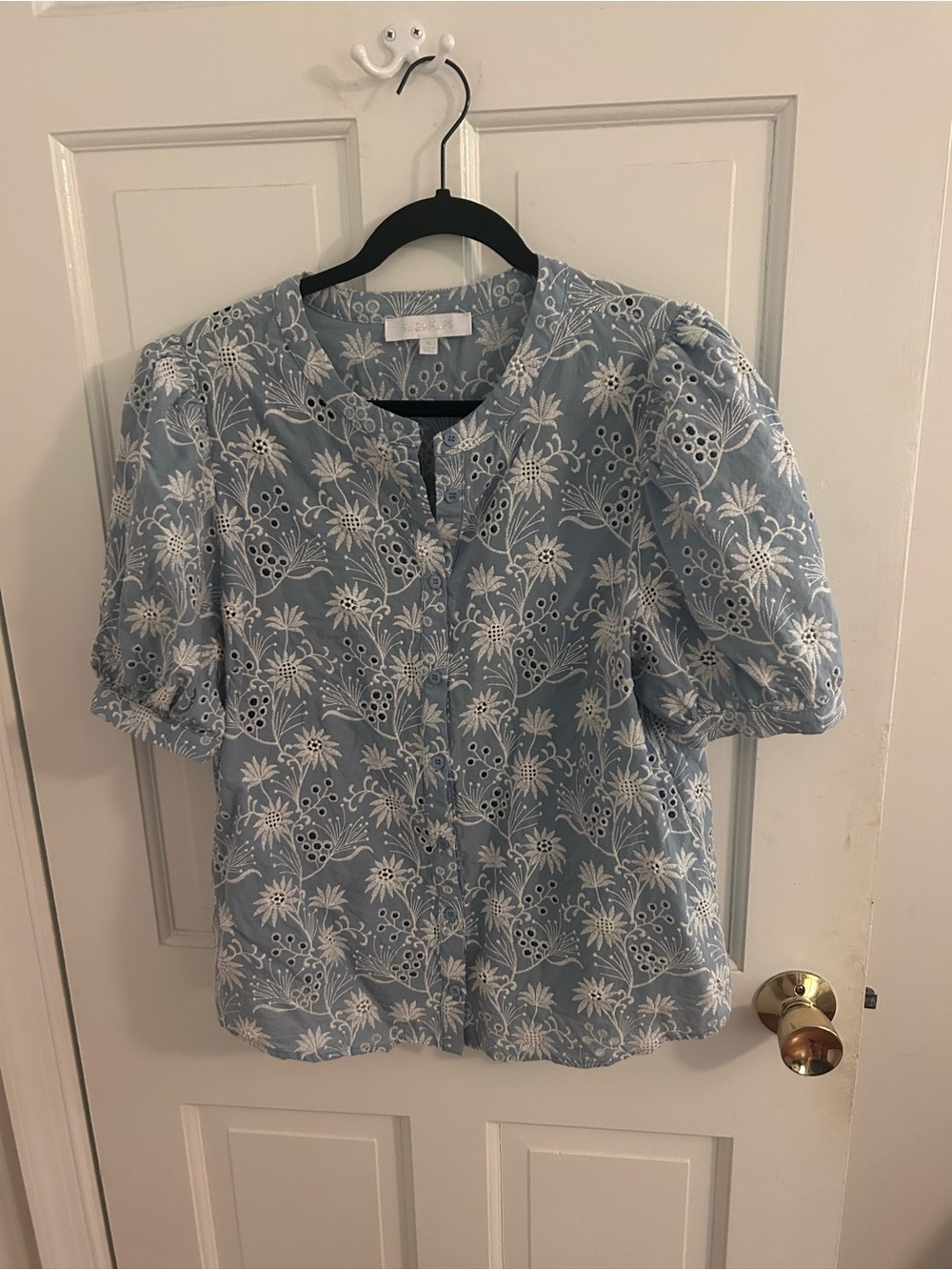 Sugarlips Light Blue Floral Eyelet Puff Sleeve Blouse